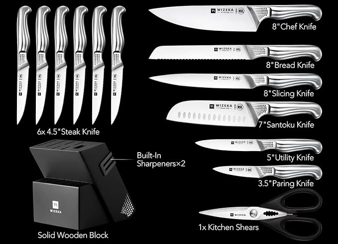 WIZEKA Kitchen Knife Set with Block: 15PCS German Stainless Steel Knife Block - Image 5