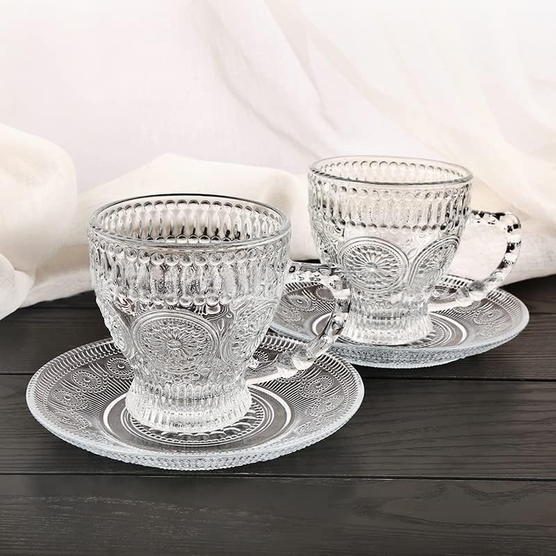 cosnou Vintage Glass Tea Cups with Saucers, Glass Mugs 7 Oz Set of 6