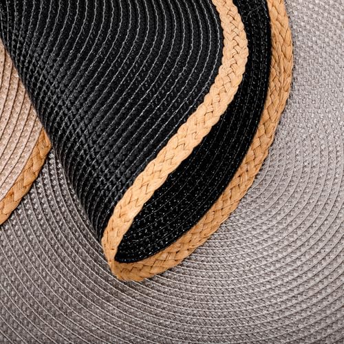 Round Weave Placemats Set of 6, Black with Beige Woven Edge, 15 Inch