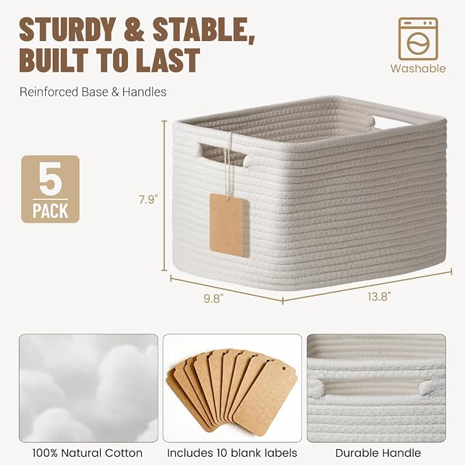 5 Pack White Woven Storage Baskets - Image 4
