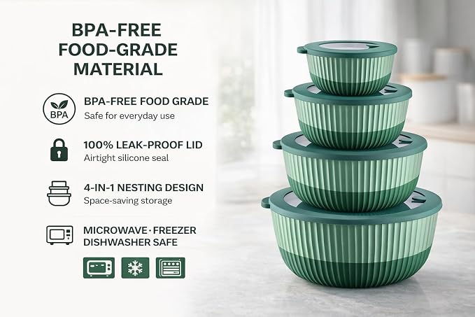 Mixing Bowls with Lids, 8-Piece Airtight Leak-Proof Nesting BPA-Free Bowl Set - Image 7