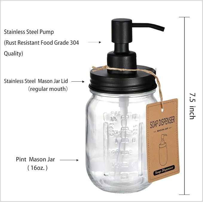 Amolliar Mason Jar Liquid Soap Dispenser, 16OZ Refillable Glass Soap Dispenser - Image 5