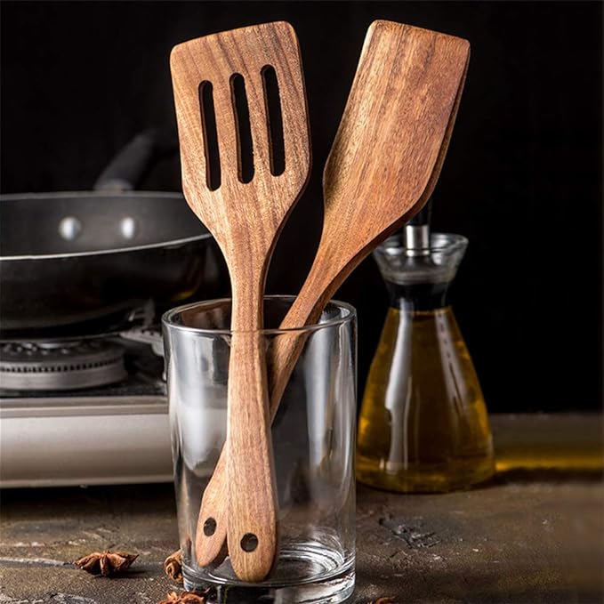 7 Pcs Acacia Wood Cooking Utensils Set Large Wooden Spoons - Image 9