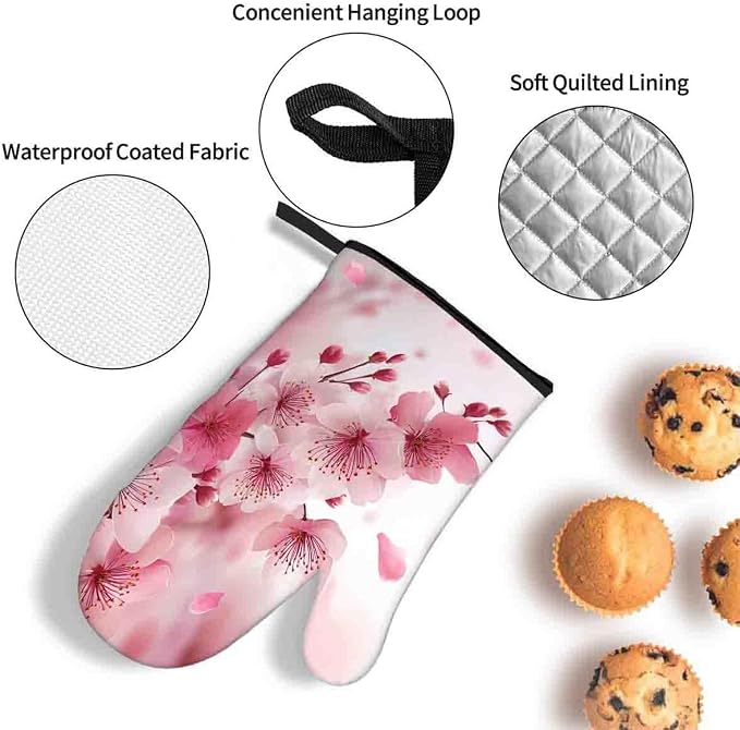 LOKMU Oven Mitts and Pot Holders Set of 3, Watercolor Pink Cherry Blossoms - Image 4