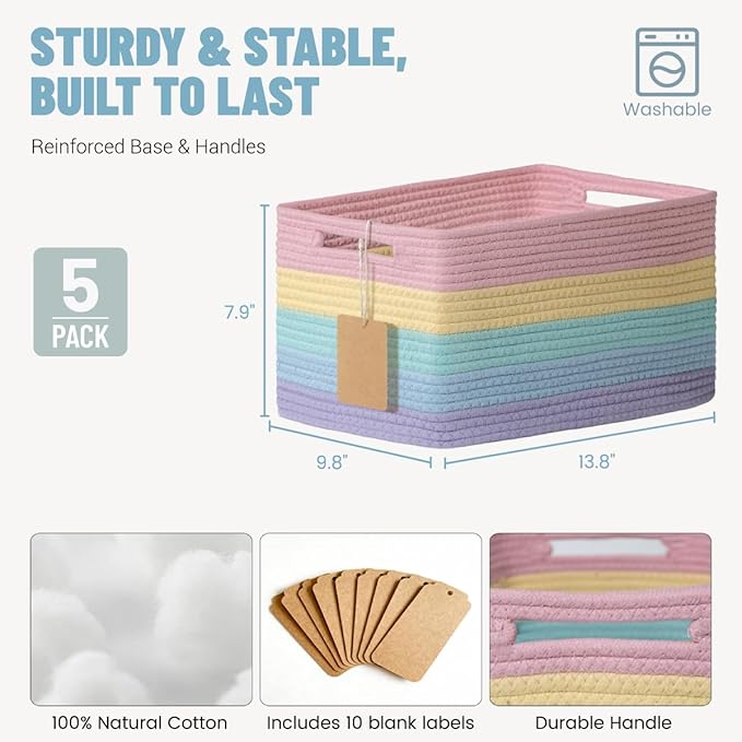 5 Pack Rainbow Woven Storage Baskets - Image 5