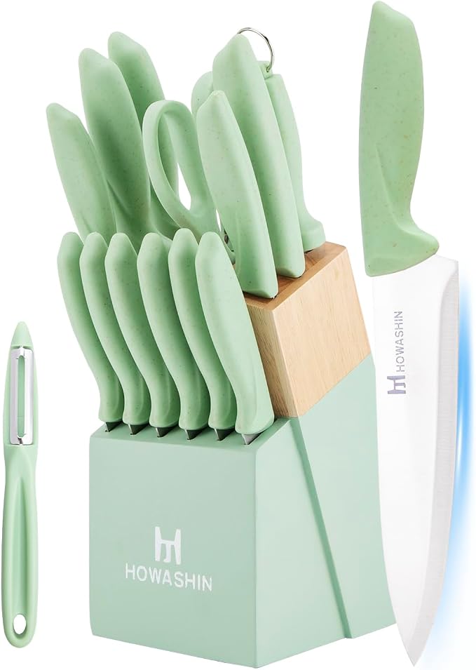 Green Knife Set, High Carbon German Stainless Steel Knife Block Set, Hand wash by Howashin