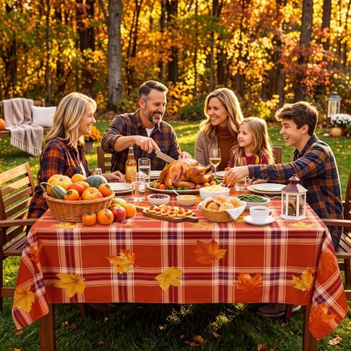 Irenare Fall Tablecloth 60 x 84 Inch, Tartan Plaid Maple Leaves