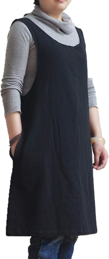 Cotton Linen Japanese Apron Halter Cross Back Bandage X Shape Aprons Two Pockets - Image 4