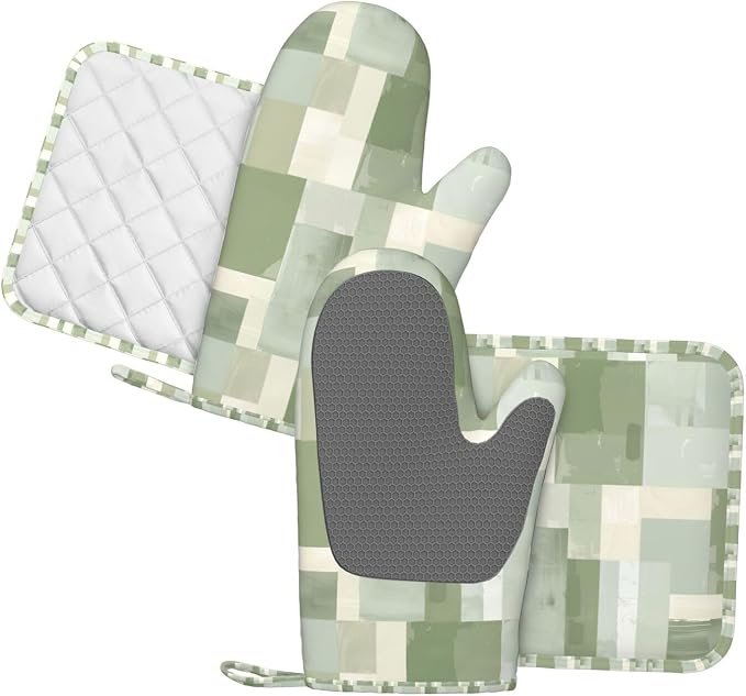Oven Mitts and Pot Holders Set, Modern Art Pastel Green Geometric Silicone - Image 2