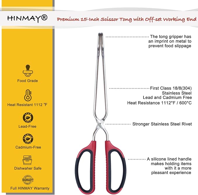 HINMAY Stainless Steel Scissor Tongs 15-Inch Heavy Duty Grilling Tongs - Image 2