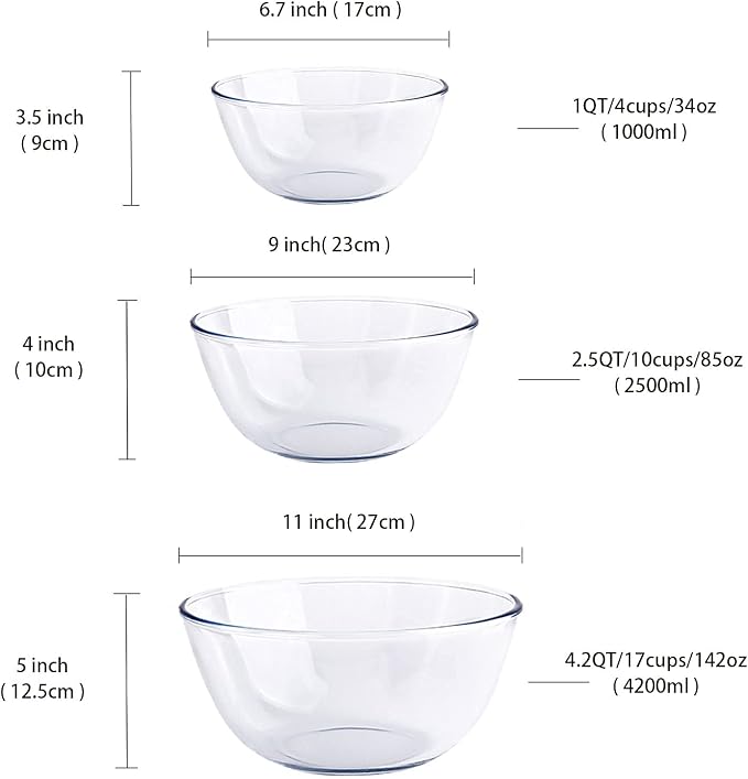 Homwin Glass Mixing Bowl Set for Baking 3-Piece Salad Bowl Set, High - Image 3