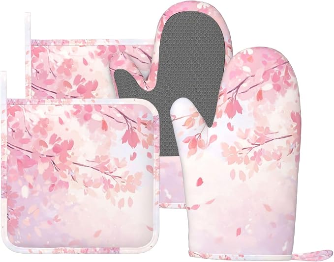 Oven Mitts and Pot Holders Cherry Blossom Flower Japanese Art Silicone Kitchen by DADABULIU