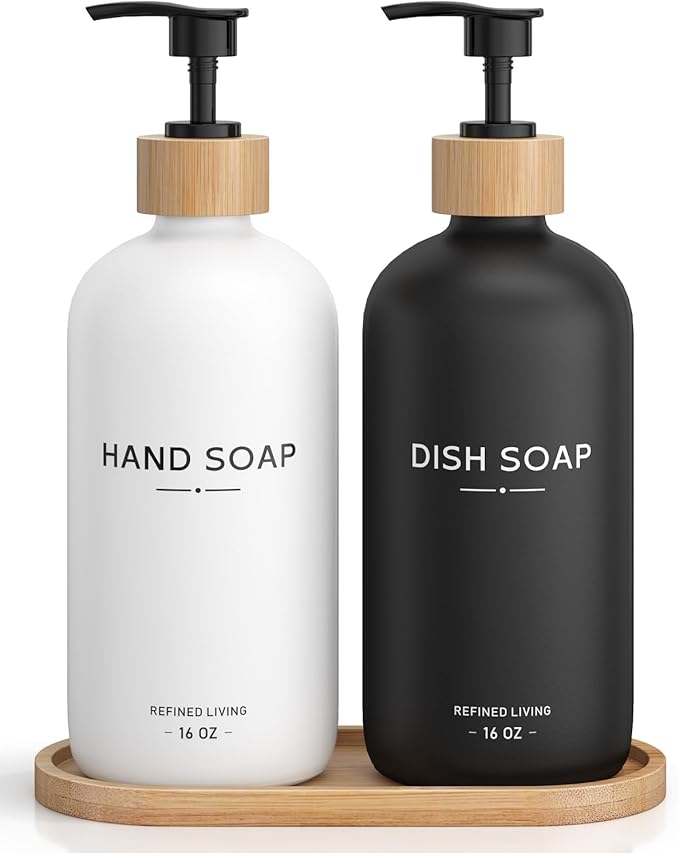 Hand and Dish Soap Dispenser Set, 16oz Glass Bottles by Aeakey