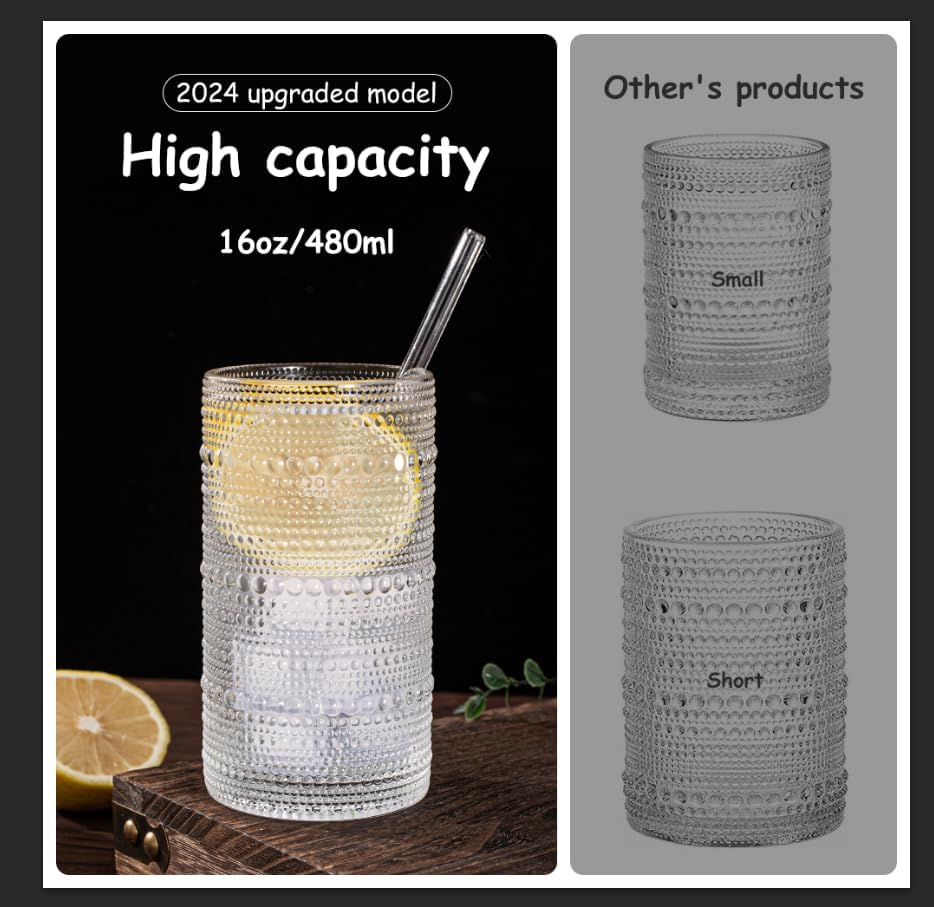 Dingerjar Upgraded Large Capacity 16 oz/480 ml Hobnail Glasses