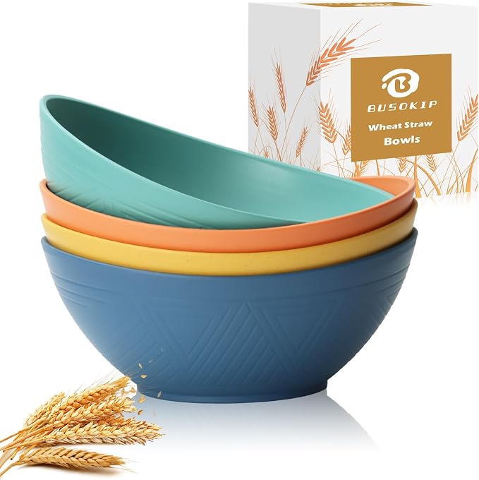 65 OZ Wheat Straw Bowls Set of 4, Large Unbreakable Salad Bowls, Microwave & by BUSOKIP