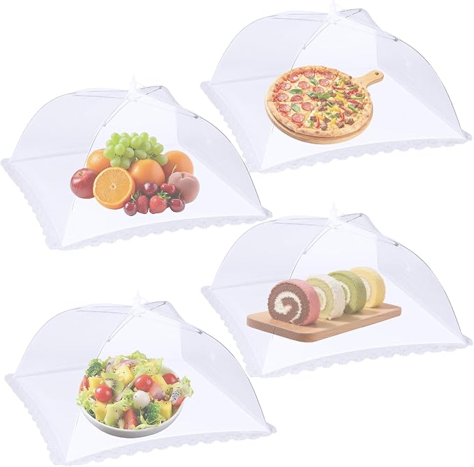 4 Pack Large Mesh Food Covers 17" x 17", Tall White Nylon Food Tents, by VORFRE