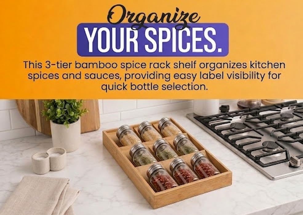 YBM HOME & KITCHEN In-Drawer Bamboo 3 Tier Spice Rack Drawer Tray