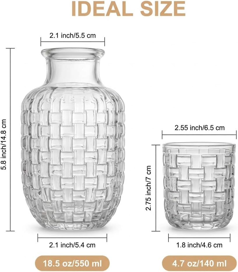 Vintage Bedside Water Carafe and Glass Set, Glass Bedside Carafe with