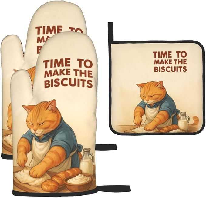 Cute Cat Oven Mitts and Pot Holder Set, Funny Heat Resistant Kitchen Gloves Hot by Unknown
