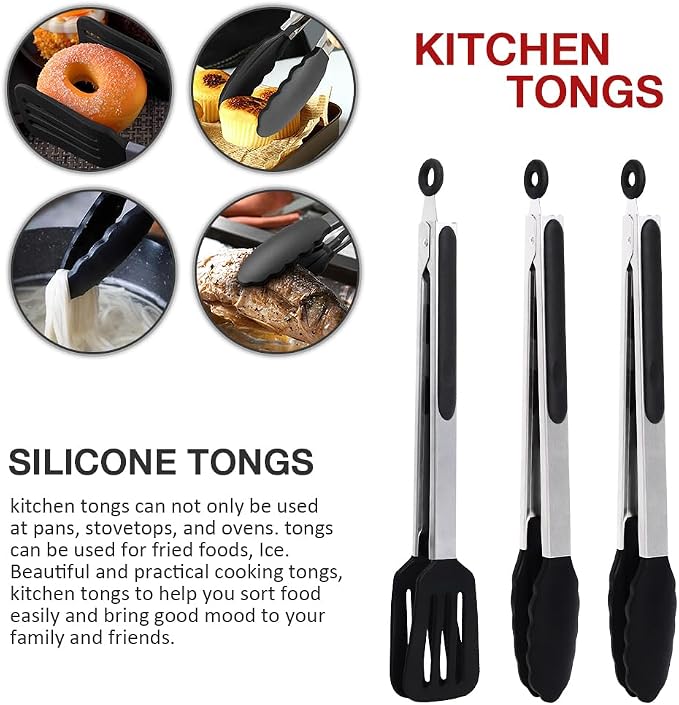 12 Inch Kitchen Tongs Set of 3, Silicone Tongs - Image 6