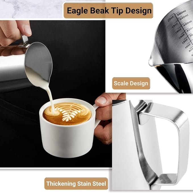 Milk Frothing Pitcher, 600ml Milk Frother Cup Stainless Steel Jug Steaming - Image 4