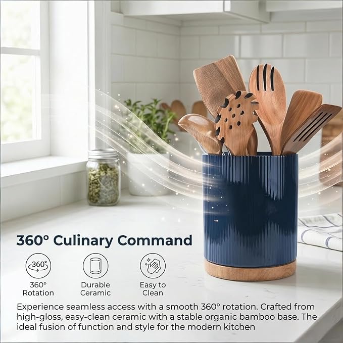 QUELIEN Utensil Holder, 360° Rotating Ceramic Kitchen Utensil Holder - Image 3