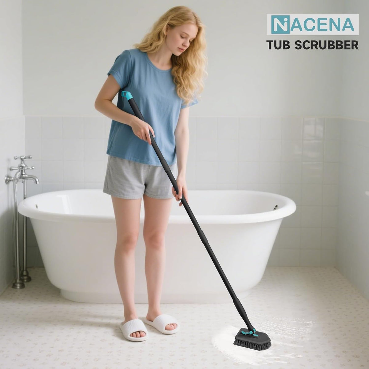 nacena Shower Scrubber with Long Handle, 4 in 1 Tile Tub Scrubber