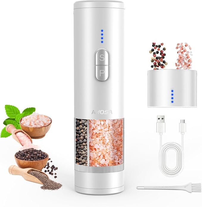 Electric Salt and Pepper Grinder Set, 2 in 1 Dual Bins USB Rechargeable by AMOSA