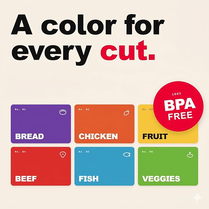 Bamboo Cutting Board Set with 6 Color Coded Mats with Food Icons, BPA-Free Non - Image 8