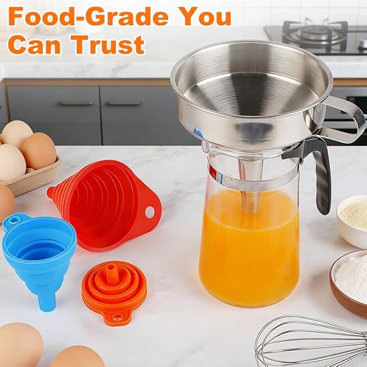 No Spill Kitchen Funnel Set, Food Grade 3 Collapsible Silicone Funnels & 1 - Image 2