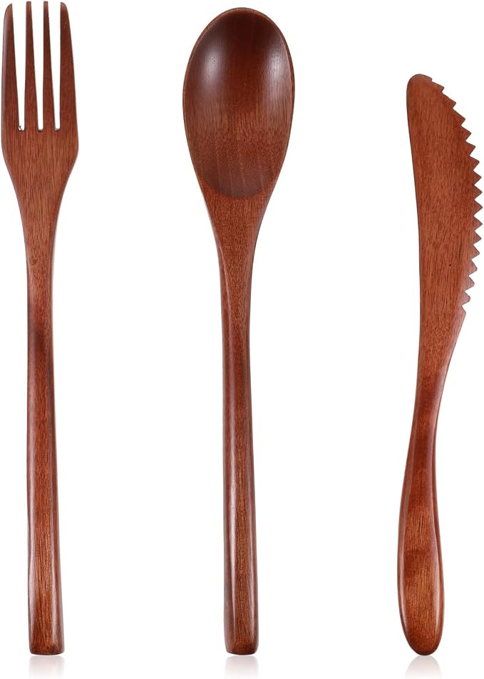 3 PCS Wooden Utensil Set for Eating, Wooden Forks Spoons Knife Reusable Wood by Unknown