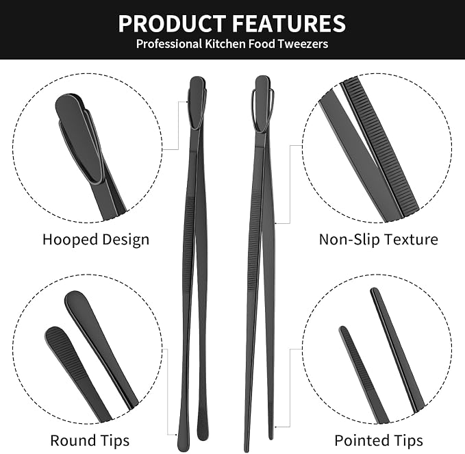 DEHOV 12 Inch Stainless Steel Black Cooking Tongs Set of 2, Metal Chef Food - Image 2