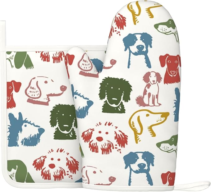 Cute Colorful Dog Puppy Silicone Oven Mitts Pan Mats Set of 2, Heat Resistant by Cayiibe