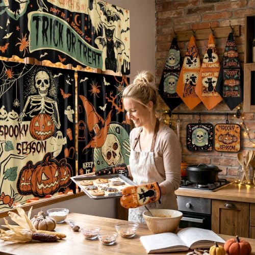 13 Pcs Vintage Gothic Halloween Kitchen Decor, Kitchen Rugs Curtains