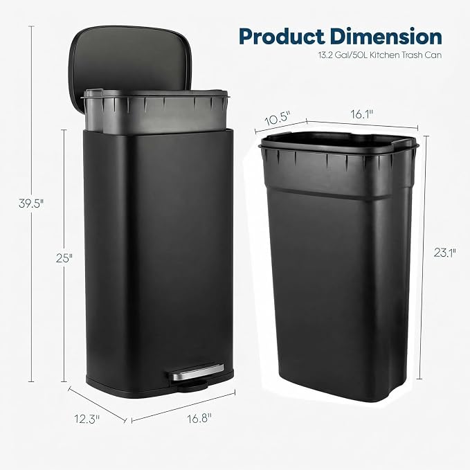 13.2 Gal Kitchen Trash Can, 50L Recycling or Garbage Bin, Brushed Stainless - Image 2