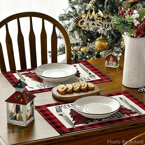 Artoid Mode Red and Black Buffalo Plaid Christmas Trees Placemats Set