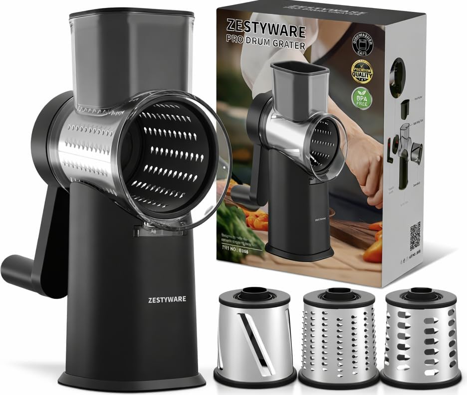 Rotary Cheese Grater Hand Crank with Foldable Handle, Three Blades
