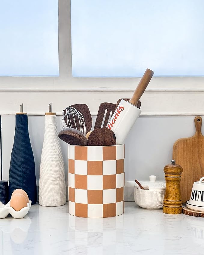 Utensil Holder，7.2 Inch Checkered Utensil Holder, Ceramic Cooking Utensil - Image 3