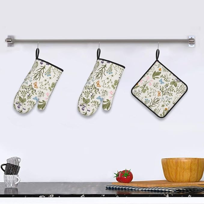 Vintage Floral Oven Mitts and Pot Holders Sets of 3 Cute Botanic Hot Pads Herbs - Image 6
