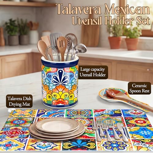 Talavera Utensil Holder Large, Spoon Rest & Drying Mat, Colorful