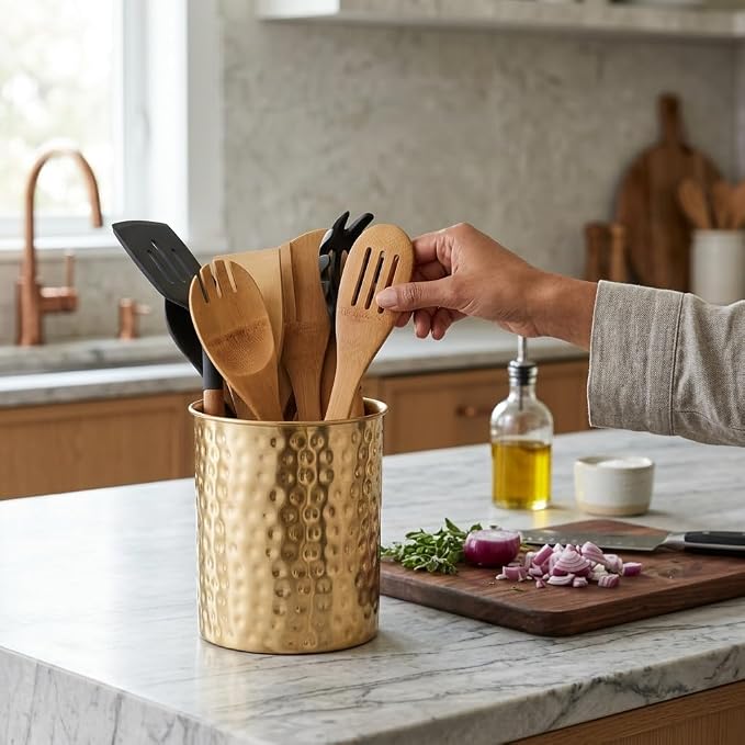 Monarch Abode Kitchen Utensil Holder – Hand Hammered Metal Brushed Gold Utensil - Image 6