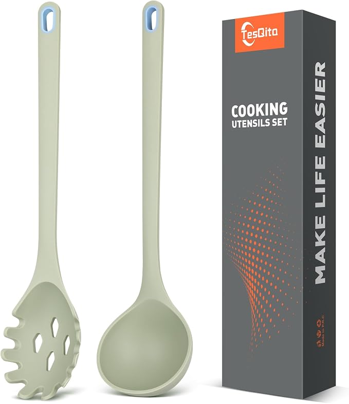 Silicone Spaghetti Spoon&Soup Ladle Cooking Utensils Set of 2, No Scratch by TesQita