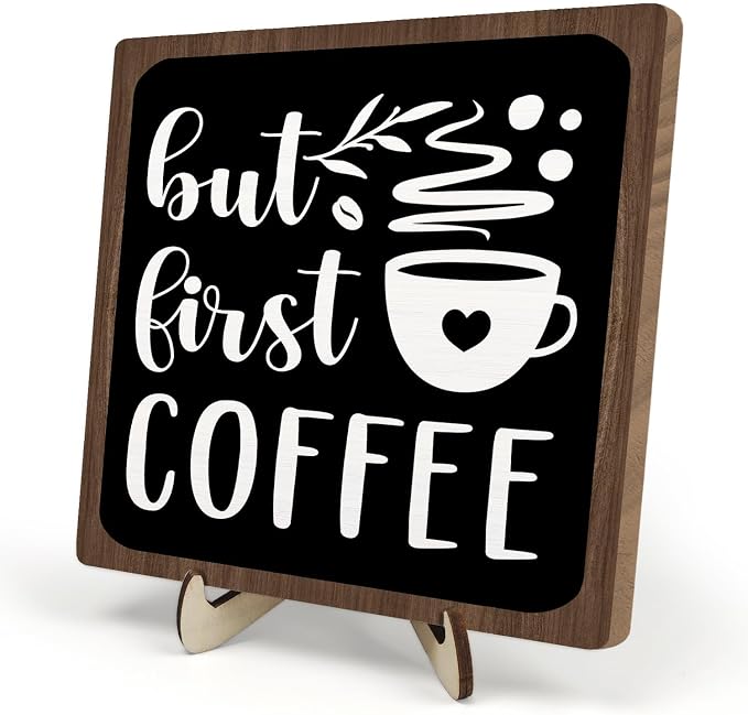 Vintage Coffee Bar Wooden Plaque Desk Sign, Farmhouse Wood Plaque Tabletop Decor by DMADNF