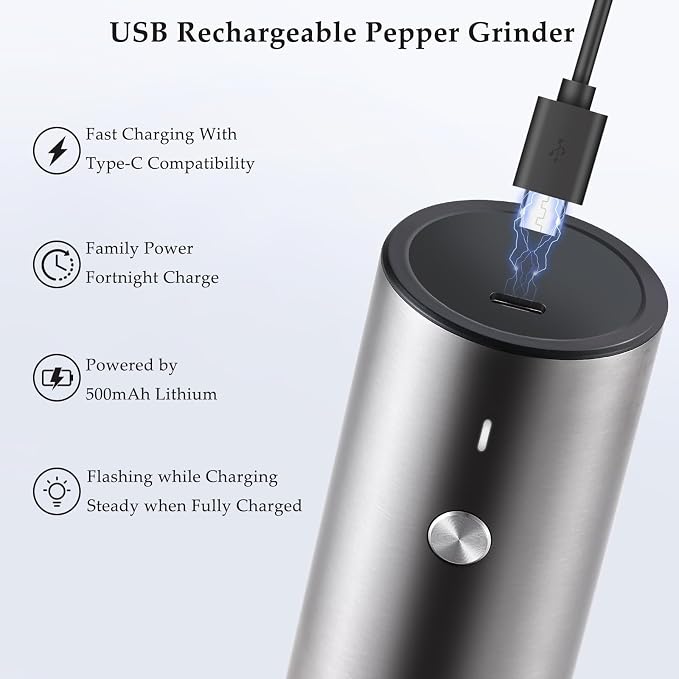 Electric Salt and Pepper Grinder Set, USB Rechargeable, Stainless Steel - Image 4