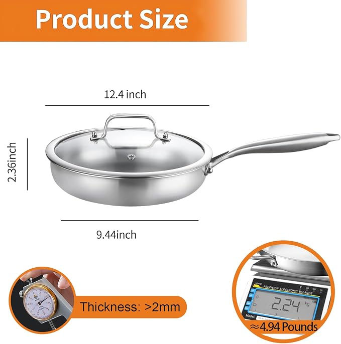 DELARLO Tri-Ply Stainless Steel Pan, 18/10 Frying Pan, Oven Safe Up to 600°F - Image 6