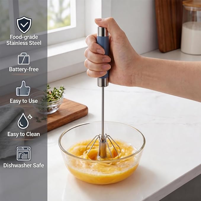 Semi Automatic Whisk & Egg Yolk Separator, Stainless Steel Mini Hand Push Whisk - Image 3