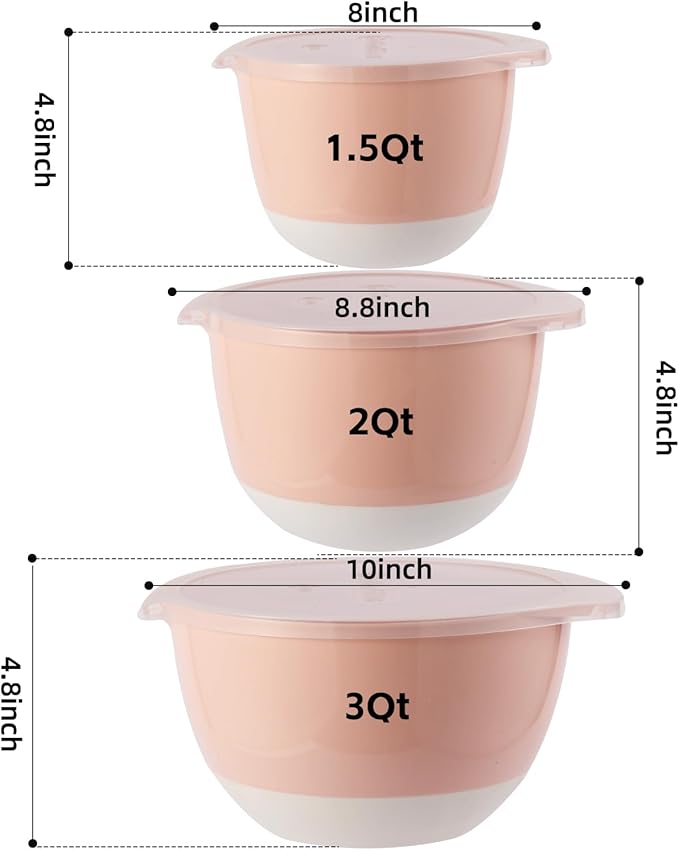 3 Mixing Bowls Set with Lids, Pour Spout and TPR Bottom, Plastic Nesting Bowl - Image 7