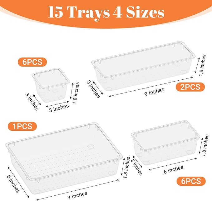 SpaceHacks 15 PCS Clear Plastic Drawer Organizer Set, 4-Size Acrylic Drawer - Image 3