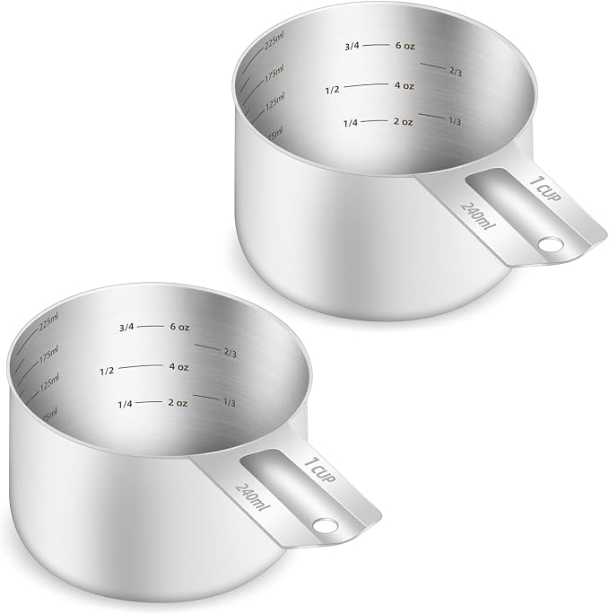 2PCS 1Cup Single Measuring Cup, Etched Inner Scale Stainless Steel Measure Scoop by BERYLER