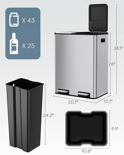 ComfyCorner 16 Gal Dual Trash Can, Stainless Steel Kitchen Garbage Bin - Image 2